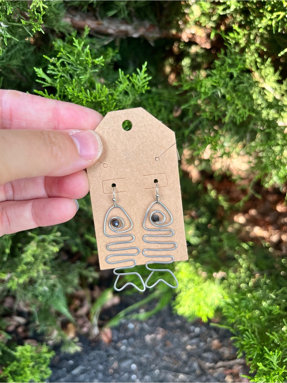 Handmade Wire Wrapped Fish Skeleton Gemstone Earrings w/ Obsidian